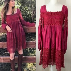 Anthro FLOREAT Aveline Lace Babydoll Dress 8 Peasant Boho Cowgirl Festival